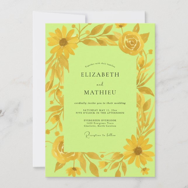 Convites Casamento Girassol Dourado Eucalipto Chartreuse (Frente)