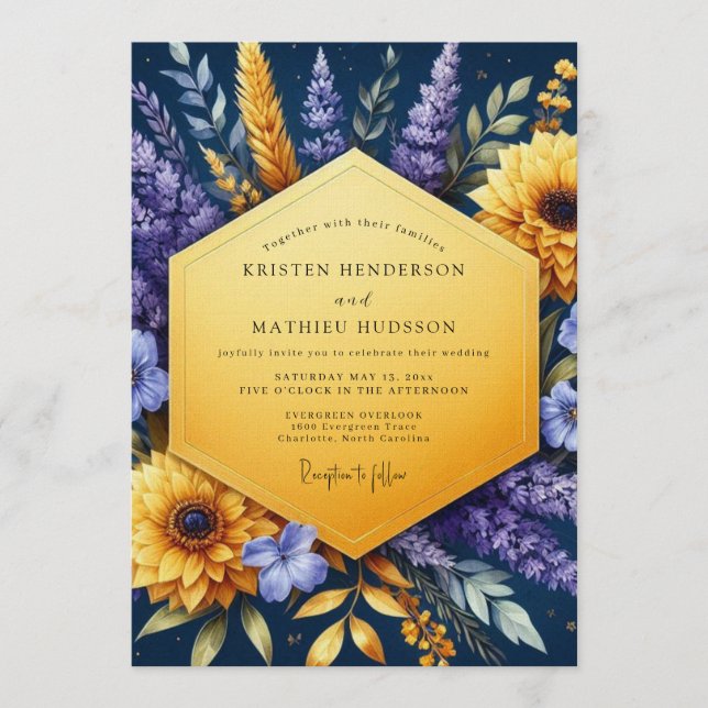 Convites Casamento Girassol Dourado Índigo (Frente)