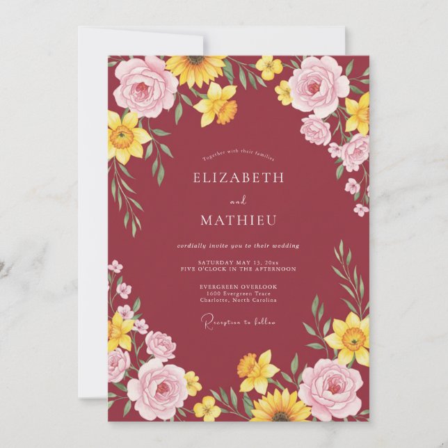 Convites Casamento Girassol Eucalipto Amarelo Borgonha (Frente)