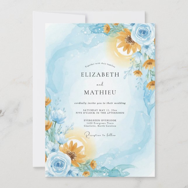 Convites Casamento Girassol Eucalipto Âmbar Azul (Frente)