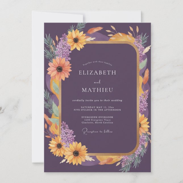 Convites Casamento Girassol Eucalipto Dourado Ameixa (Frente)