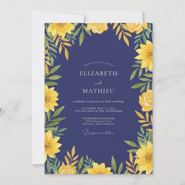 Convites Casamento Girassol Eucalipto Dourado Índigo (Frente)