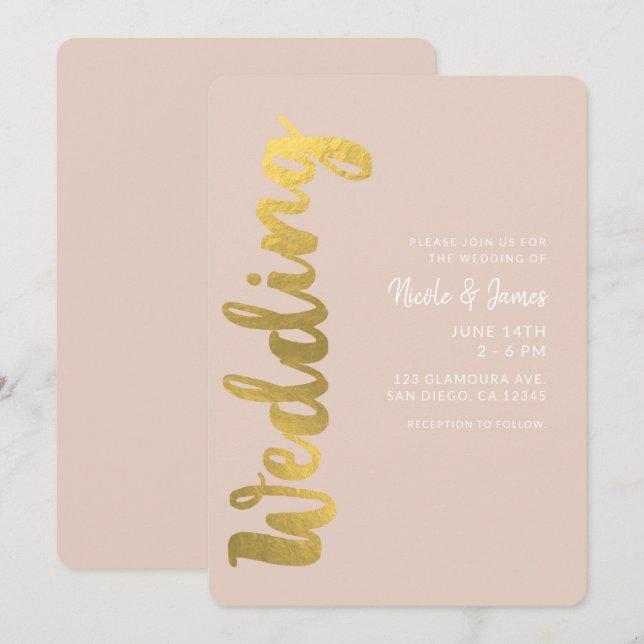Convites Casamento Glam Bege Moderno Brilhante com Imitação (Frente/Verso)