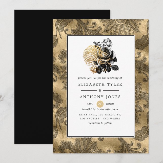 Convites Casamento Glam Black e Gold (Frente/Verso)