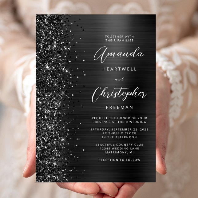 Convites Casamento Glam Black Metal Fosco Brilhante Script (Criador carregado)
