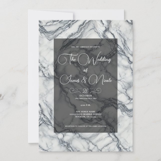 Convites Casamento Glam Chic Cinza e Mármore Branco e  (Frente)