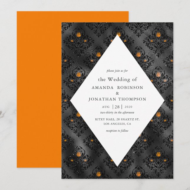 Convites Casamento Glam com Faux Foil Damasco Laranja e Pre (Frente/Verso)