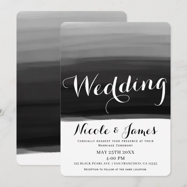 Convites Casamento Glam Moderno Aquarela Preto Cinza Branco (Frente/Verso)