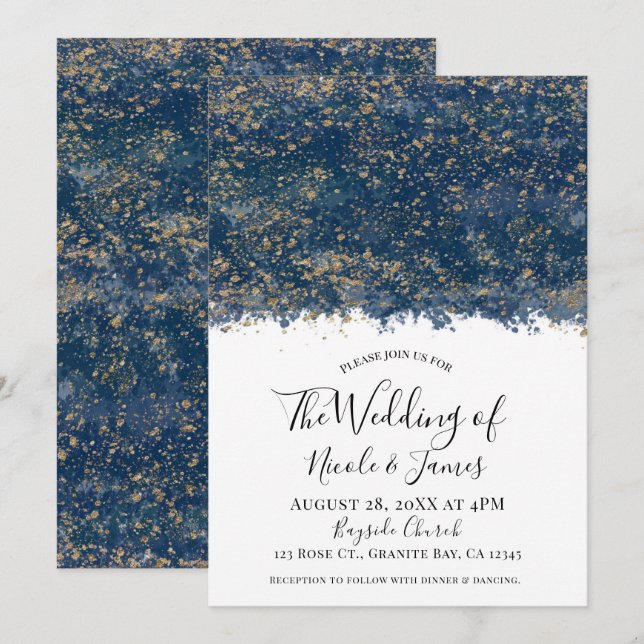 Convites Casamento Glam Moderno com Salpicos de Azul Dourad (Frente/Verso)