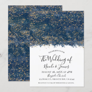 Convites Casamento Glam Moderno com Salpicos de Azul Dourad