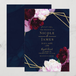 Convites Casamento Glam Moderno Floral Azul Naval Sombrio D