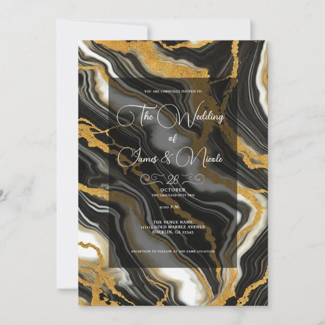 Convites  Casamento Glam Vista Mármore Preto Branco Dourado (Frente)