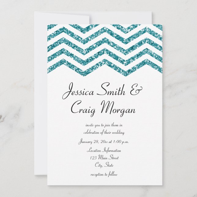 Convites Casamento Glamorous Faux Teal Glitter Chevron (Frente)