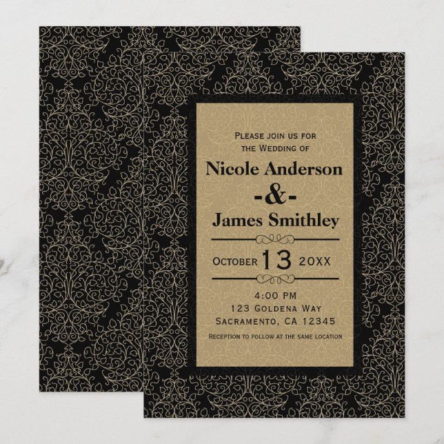 Convites Casamento Glamour Art Déco Dourado e Preto Damask (Frente/Verso)