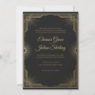 Convites Casamento Glamour Art Déco em Preto e Dourado