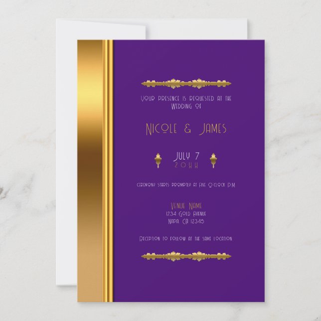 Convites Casamento Glamour Dourado Roxo Real   (Frente)