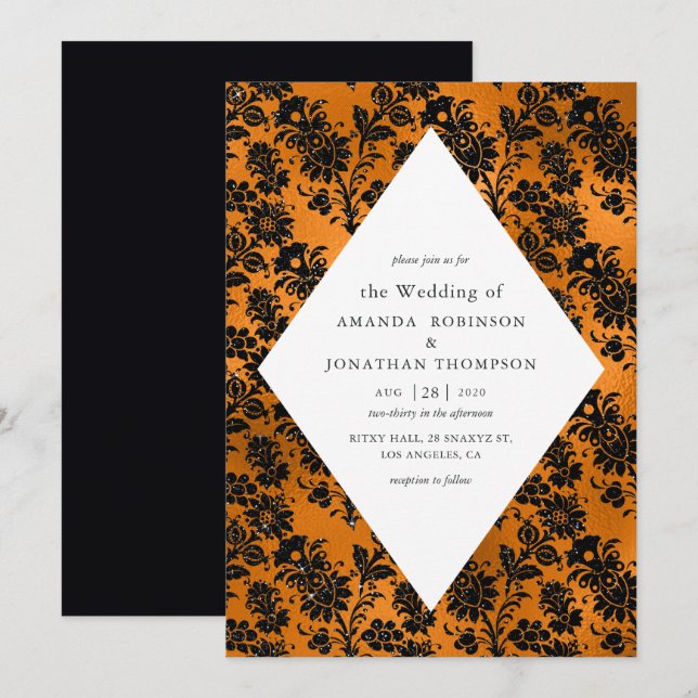 Convites Casamento Glamour Laranja e Preto com Faux Foil (Frente/Verso)
