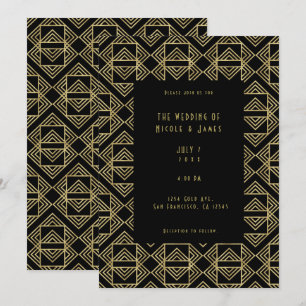 Convites Casamento Glamouroso Art Déco Dourado e Preto Retr