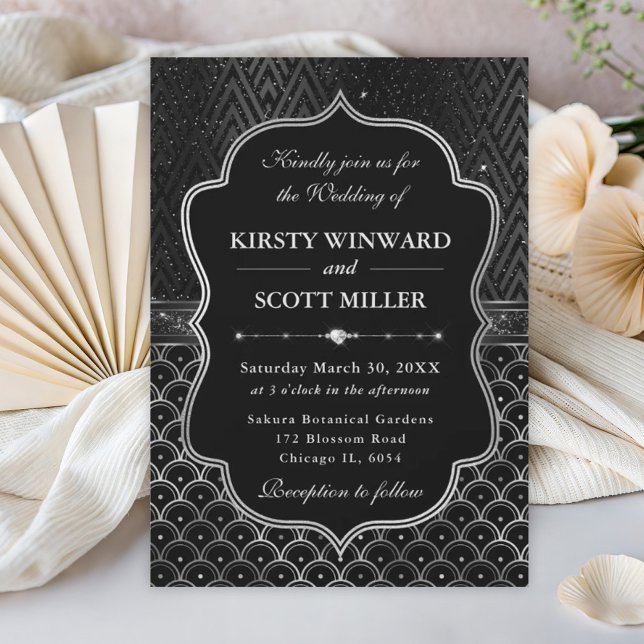 Convites Casamento Glamouroso Art Déco Preto Prateado (Criador carregado)