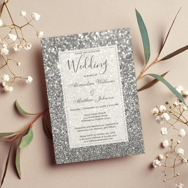 Convites Casamento glamouroso de prata da moda (Chic glamorous trendy silver glitter Wedding Invitation)