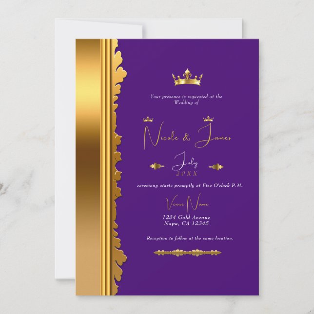 Convites Casamento Glamouroso Elegante Dourado Roxo Real (Frente)