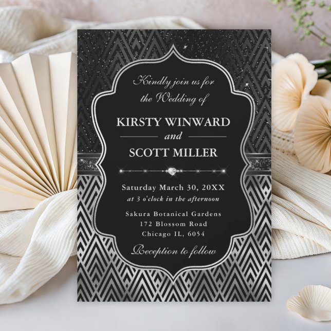 Convites Casamento Glamouroso Preto Prata Art Déco (Criador carregado)