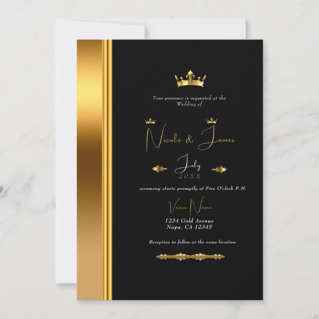 Convites Casamento Glamouroso Real Elegante Preto e Dourado (Frente)