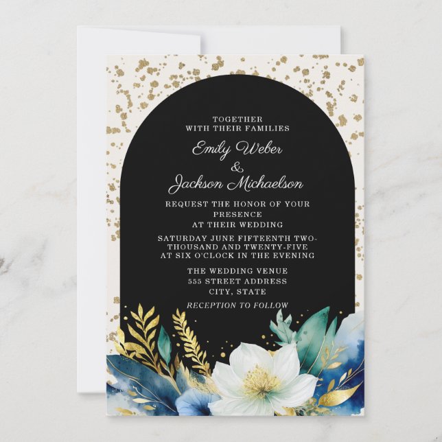 Convites Casamento Glitter Arco Floral Branco Naval Dourado (Frente)