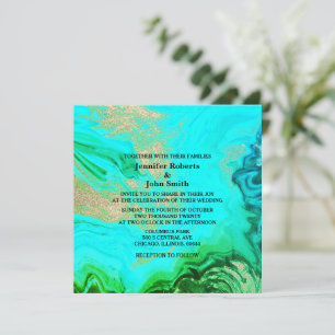 Convites Casamento Glitter Dourado Verde Azul-Teal Agate Ge