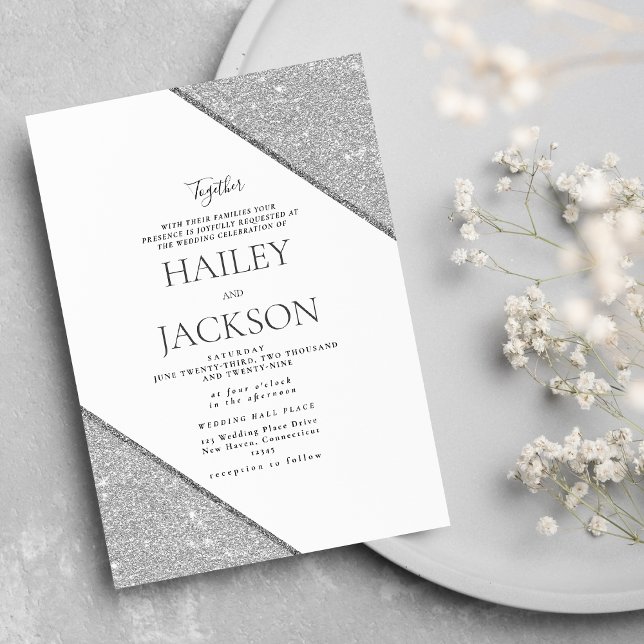 Convites Casamento glitter geométrico branco elegante prata (Elegant geometric white silver glitter wedding)