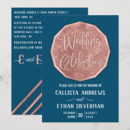 Convites Casamento Glitter Polygon Geo, Rosa de Chic Teal D