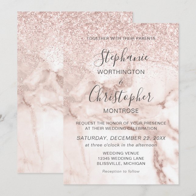Convites Casamento Glitter Rosa Dourado Mármore Elegante (Frente/Verso)