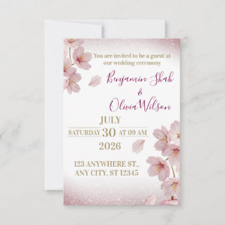 Convites Casamento Glitter Rosa Elegante de Cerejeira em Fl
