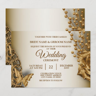 Convites Casamento Golden Bege Floral Borboleta Vintage