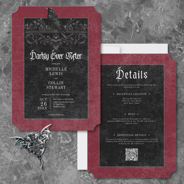 Convites Casamento Gothic Black Raven Wine Darkly Ever Afte (Gothic Black Raven Wine Darkly Ever After Wedding Two-Sided Invitation)
