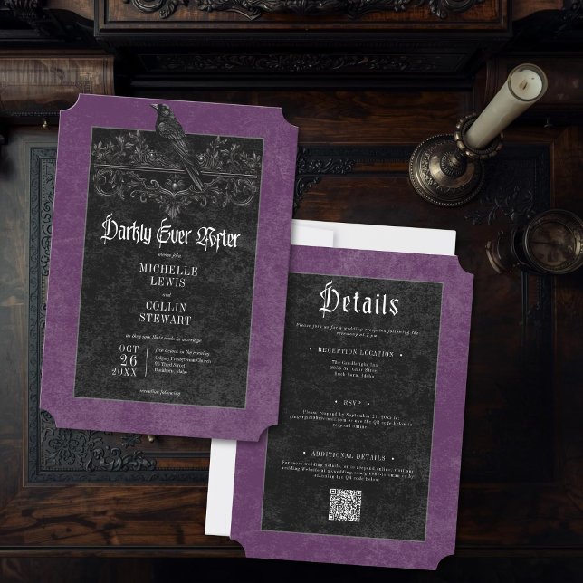 Convites Casamento Gothic Raven Purple Darkly Ever After (Criador carregado)
