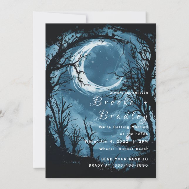 Convites Casamento Gótico ao Luar Azul Meia-Noite (Frente)
