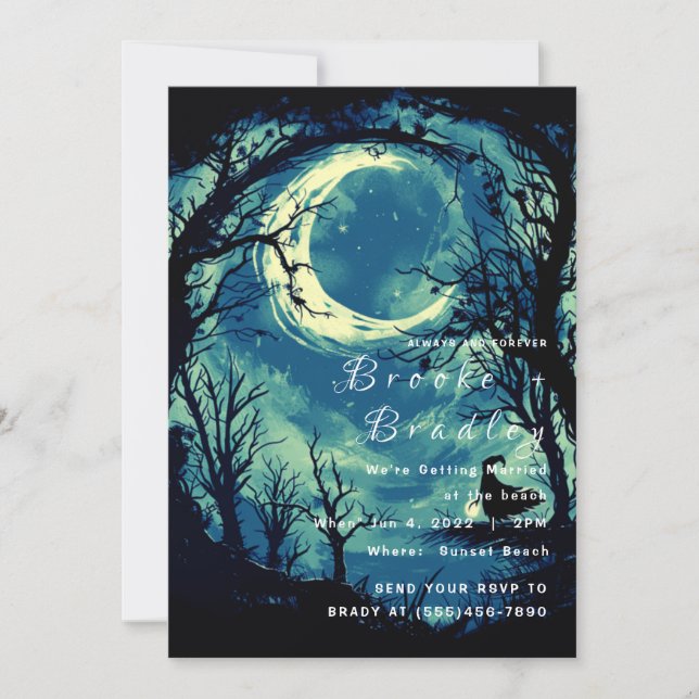 Convites Casamento Gótico Azul-Verde ao Luar (Frente)