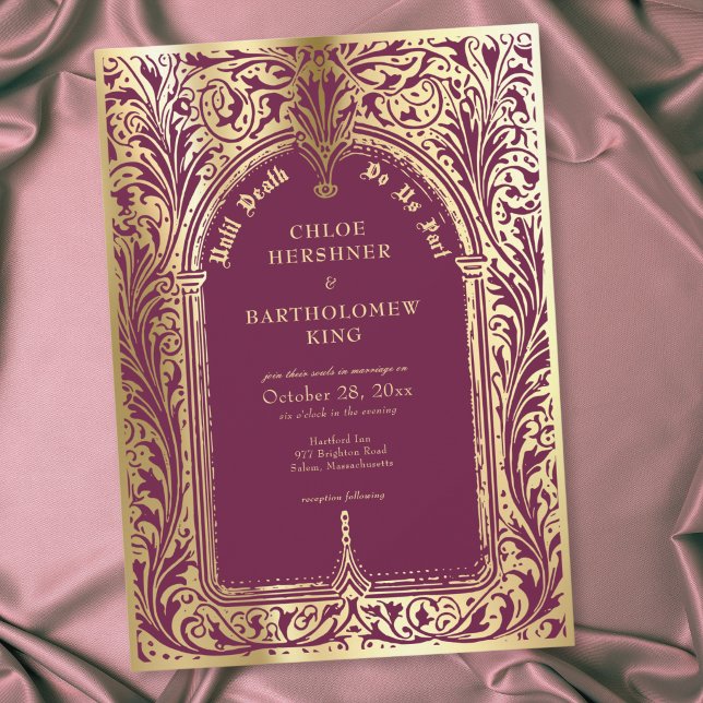 Convites Casamento Gótico Borgonha Dourado Medieval Até a M (Gothic Burgundy Gold Medieval Until Death Wedding Invitation)