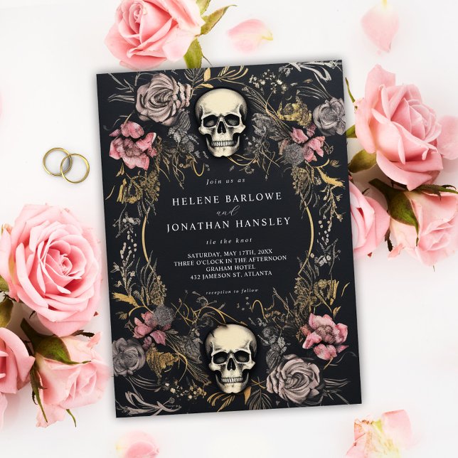 Convites Casamento Gótico-Cabeça-Escura-Escura-Floral (Skull Gothic Floral Dark Wedding Invitation)
