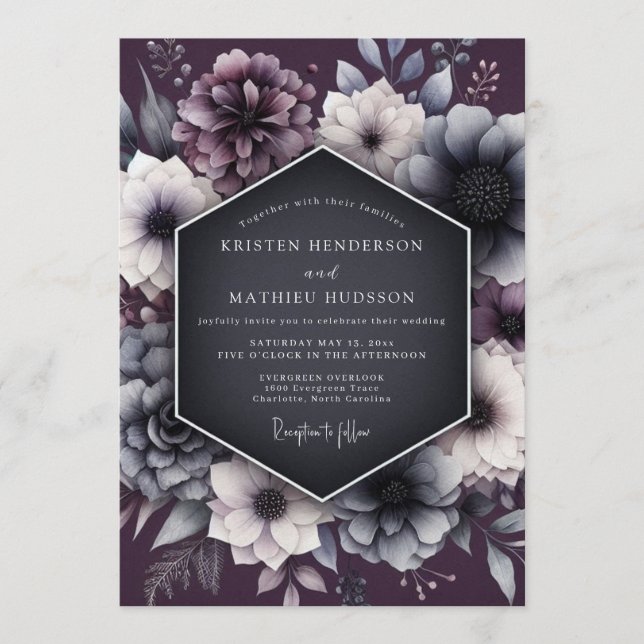 Convites Casamento Gótico Carvão & Mauve (Frente)