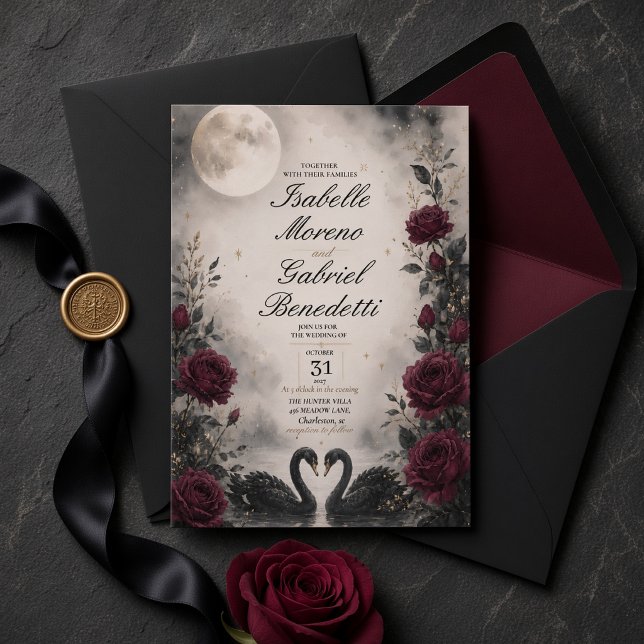 Convites Casamento Gótico Cisne Negro ao Luar (Criador carregado)