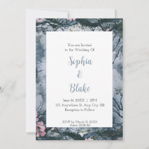 Convites Casamento Gótico com Aquarela Azul Cinza