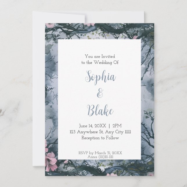 Convites Casamento Gótico com Aquarela Azul Cinza (Frente)