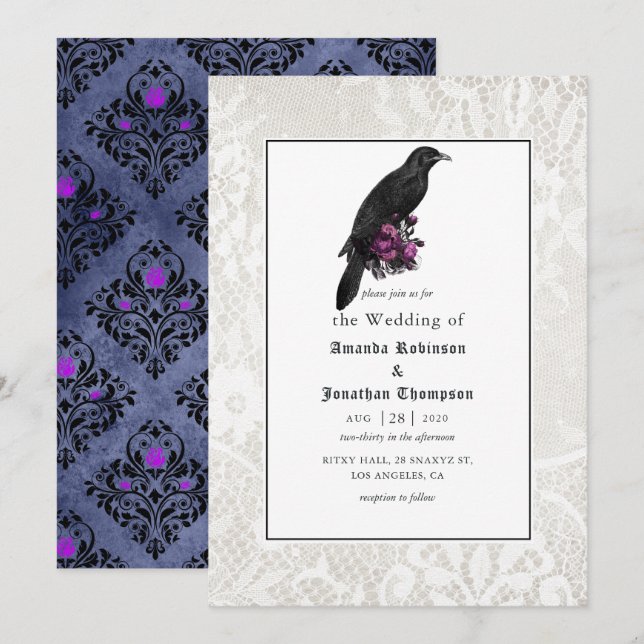 Convites Casamento Gótico com Damasco Floral e Renda (Frente/Verso)
