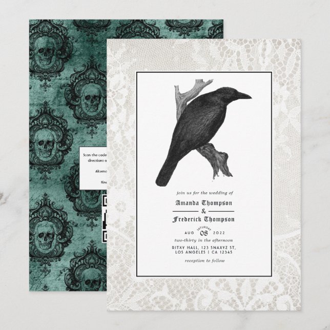 Convites Casamento Gótico Corvo e Renda (Frente/Verso)