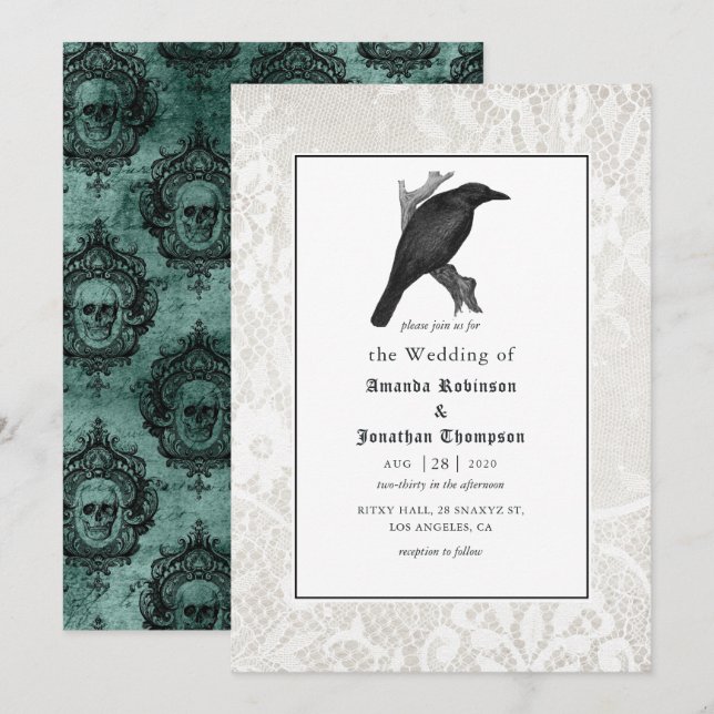 Convites Casamento Gótico Crânio e Renda (Frente/Verso)