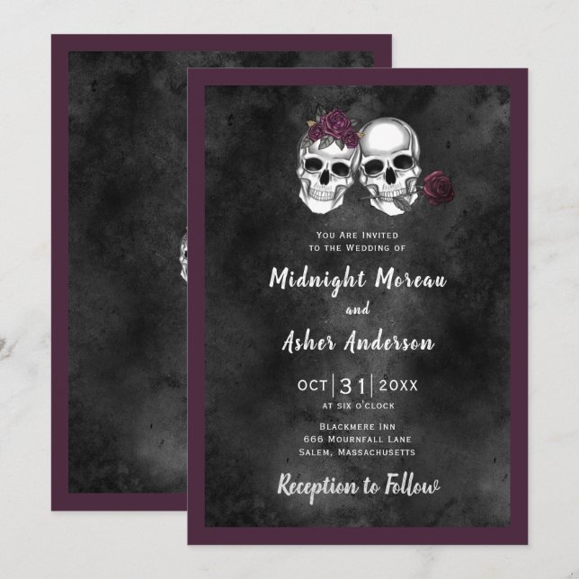 Convites Casamento Gótico de Caveira de Esqueleto Casal Ros (Frente/Verso)