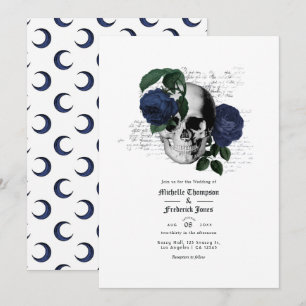 Convites Casamento Gótico de Caveira Floral Azul Marinho