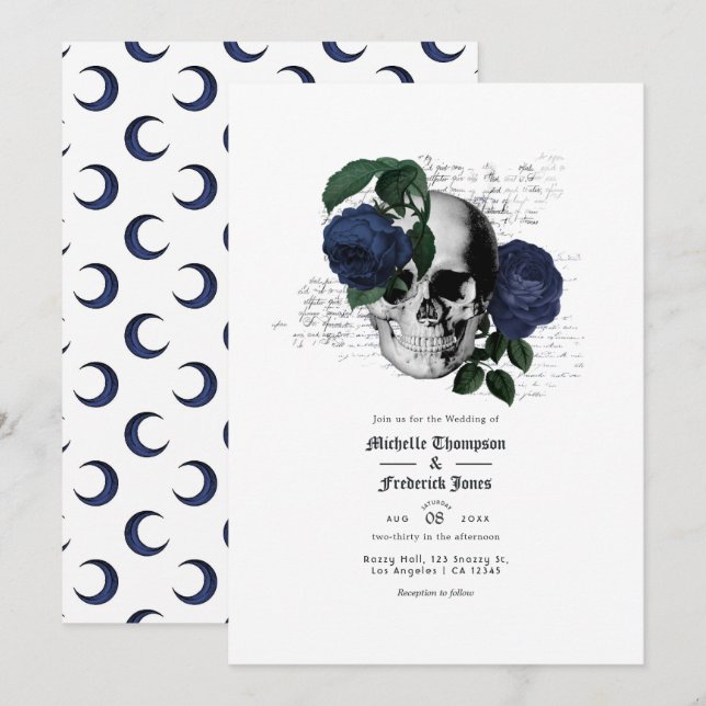 Convites Casamento Gótico de Caveira Floral Azul Marinho (Frente/Verso)